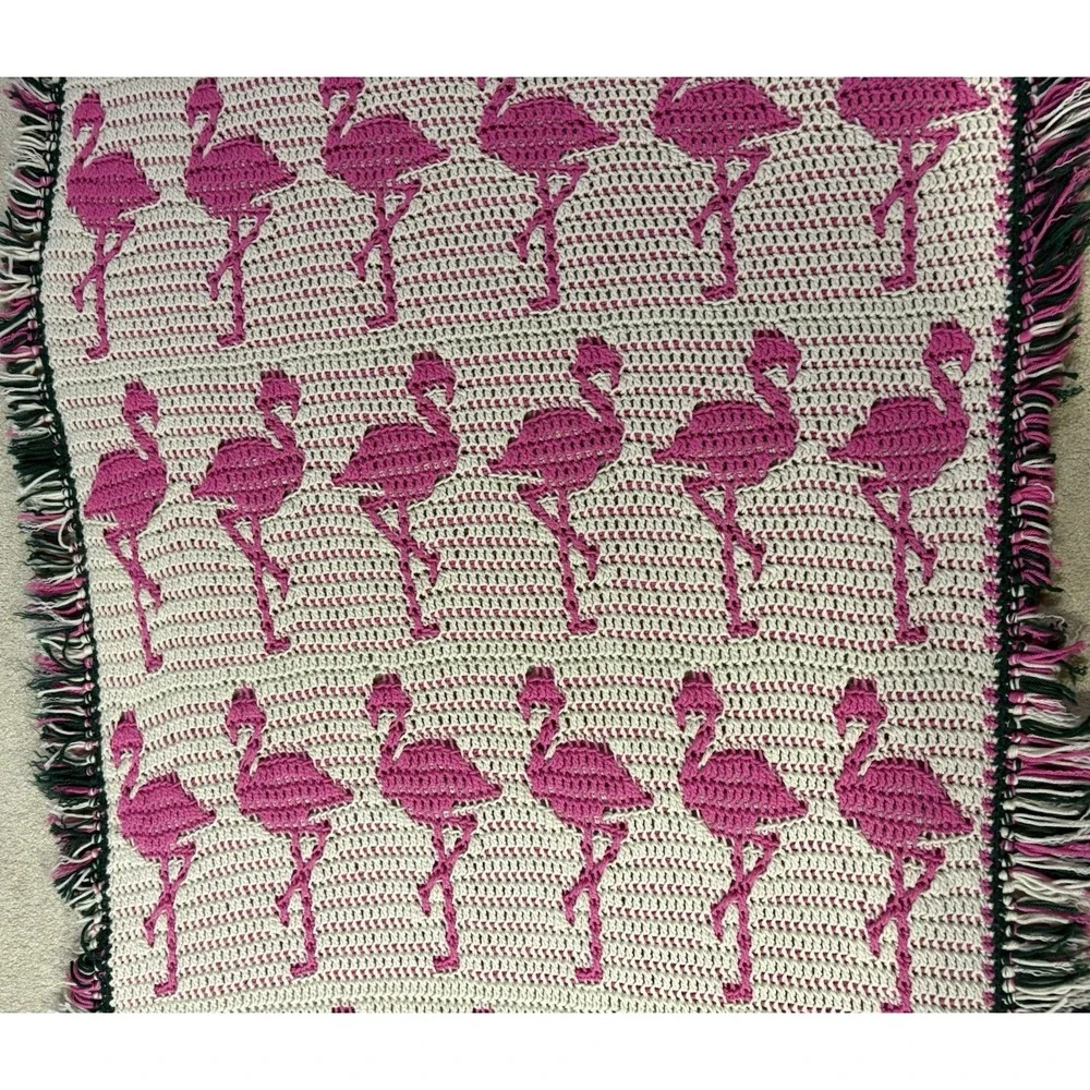 handmade crochet afghan blanket W/flamingo & monstera leaf border